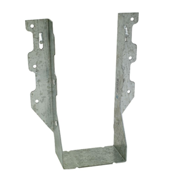 The Simpson Strong-Tie LUS ZMAX Galvanized Double Shear Face Mount Joist Hanger for Double 2x8 Lumber features a U-shaped design with pre-drilled holes and a silver-gray finish, ideal for supporting wooden beams in construction projects.